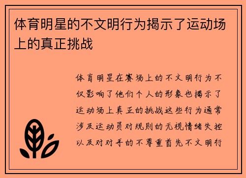 体育明星的不文明行为揭示了运动场上的真正挑战